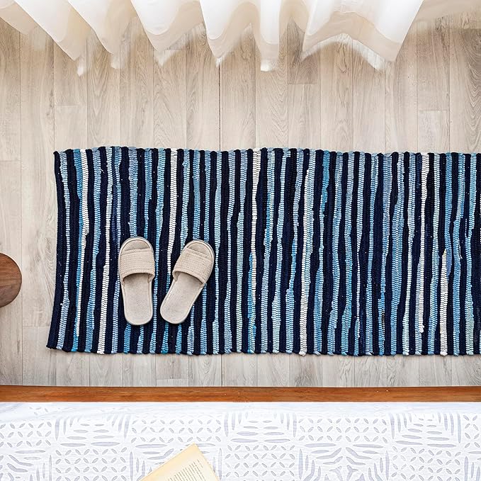 HOMEMONDE Navy Rag Runner Rug 2'x6' Recycled Soft Cotton Chindi Rugs Hand Crafted Reversible Boho Home Decor for Kitchen, Entyrway, Bedroom, Living Room