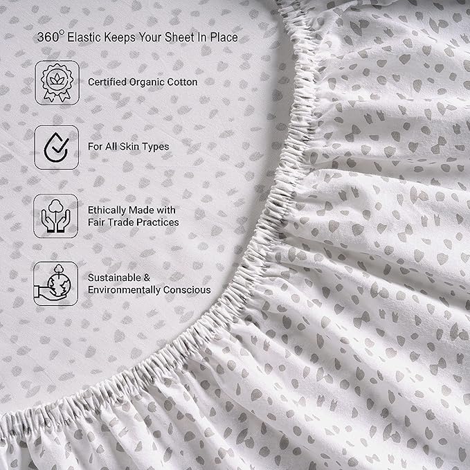 LANE LINEN Twin XL Fitted Sheet, 100% Organic Cotton 2-Piece Set (1 Fitted Sheet, 1 Pillowcase), Percale Weave, Soft, Breathable, Fits Mattress Upto 15" Deep - White (Grey Dot)(No Flat Sheet)