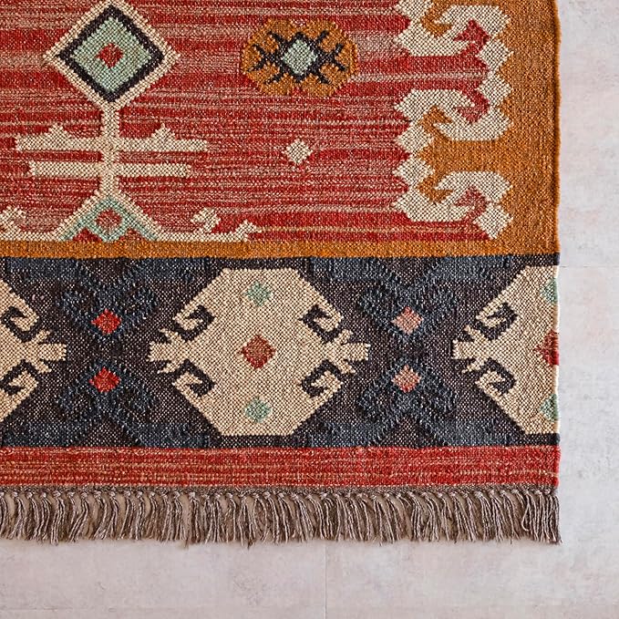Jute Traditional Kilim Rug Boho Flatweave Area Rug for Living Room, Living Room Entryway, Tribal Series, 9'x12'
