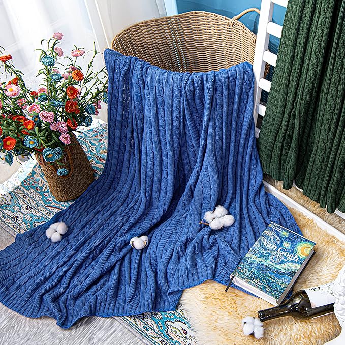 NTBAY 100% Pure Cotton Oversize (60x80) Cable Knit Throw Blanket, Super Soft Warm Knitted Throw Blanket for Bed, Sofa, Chair, Couch - Extra Cozy, Machine Washable, Comfortable Home Decor, Cobalt Blue
