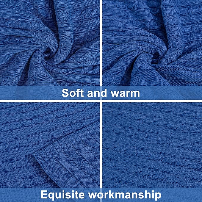 NTBAY 100% Pure Cotton Cable Knit Throw Blanket, Super Soft Warm 51x67 Knitted Throw Blanket for Couch, Sofa, Chair, Bed - Extra Cozy, Machine Washable, Comfortable Home Decor, Cobalt Blue