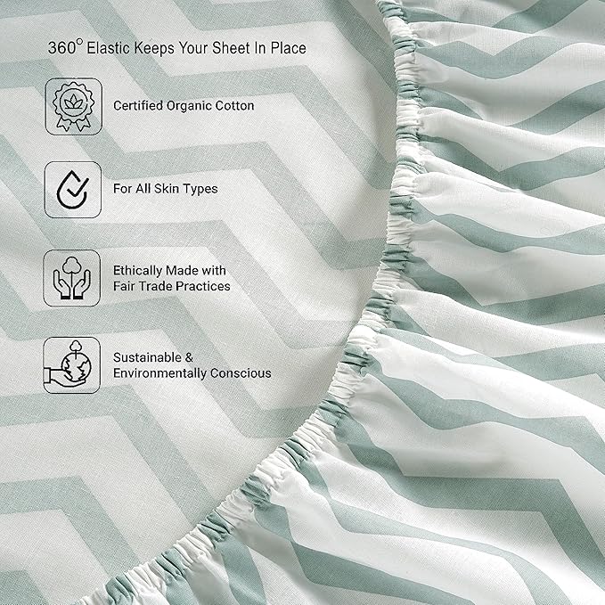 LANE LINEN Mercerized 100% Organic Cotton Queen Size Fitted Sheet only (+Pillowcases), Percale Weave, Soft & Breathable Fully Elasticized Reinforsed Seam Printed Fitted Sheet -Chevron (No Flat Sheet)