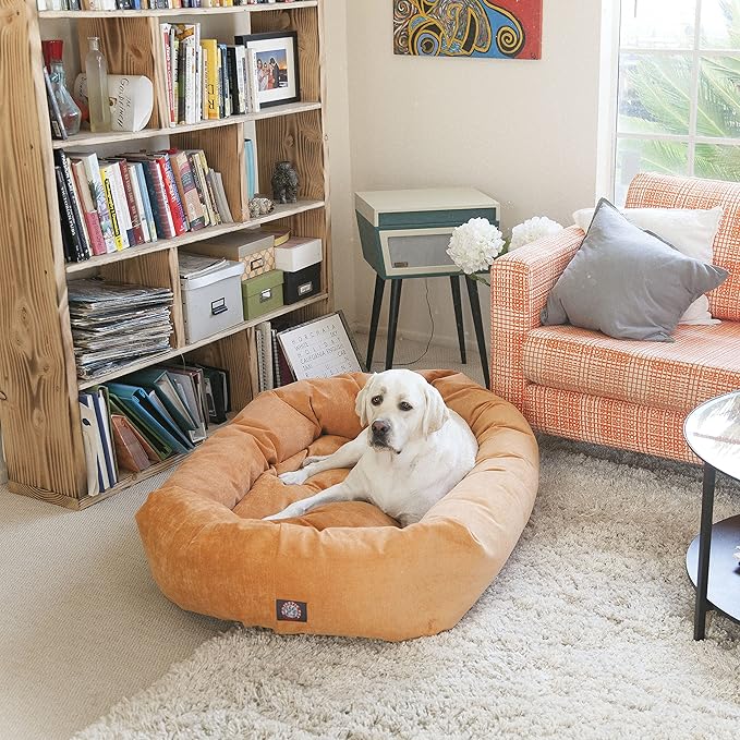 Majestic Pet 32 Inch Micro Velvet Calming Dog Bed Washable – Cozy Soft Round Dog Bed with Spine for Head Support - Fluffy Donut Puppy Mat 32x23x7 (inch) Medium – Pearl